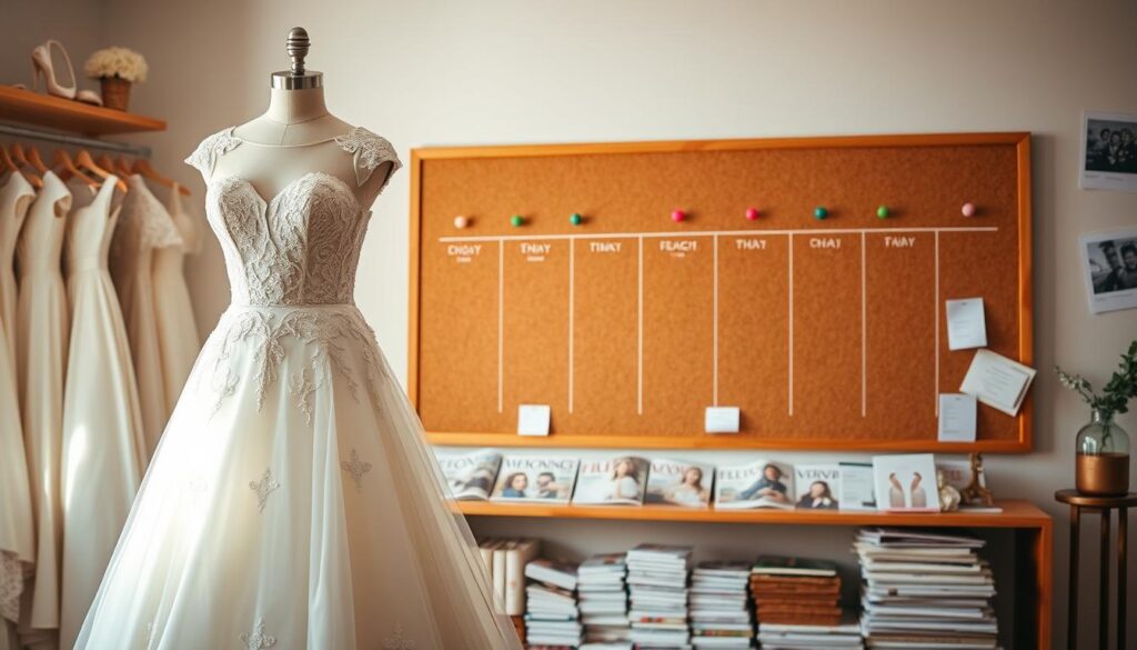 A beautifully organized wedding dress timeline planning scene, with an elegant bridal gown displayed on a mannequin in the foreground, surrounded by swatches of fabric and sample accessories. In the middle ground, a large corkboard showcases a color-coded timeline with pins marking key shopping dates and fitting appointments. In the background, softly blurred wedding magazines and notes create an atmosphere of anticipation and careful planning. The lighting is warm and inviting, simulating soft natural daylight streaming through a nearby window, creating gentle highlights and shadows. The mood is calm and focused, emphasizing the importance of timing in the wedding dress shopping journey, ideal for brides-to-be.