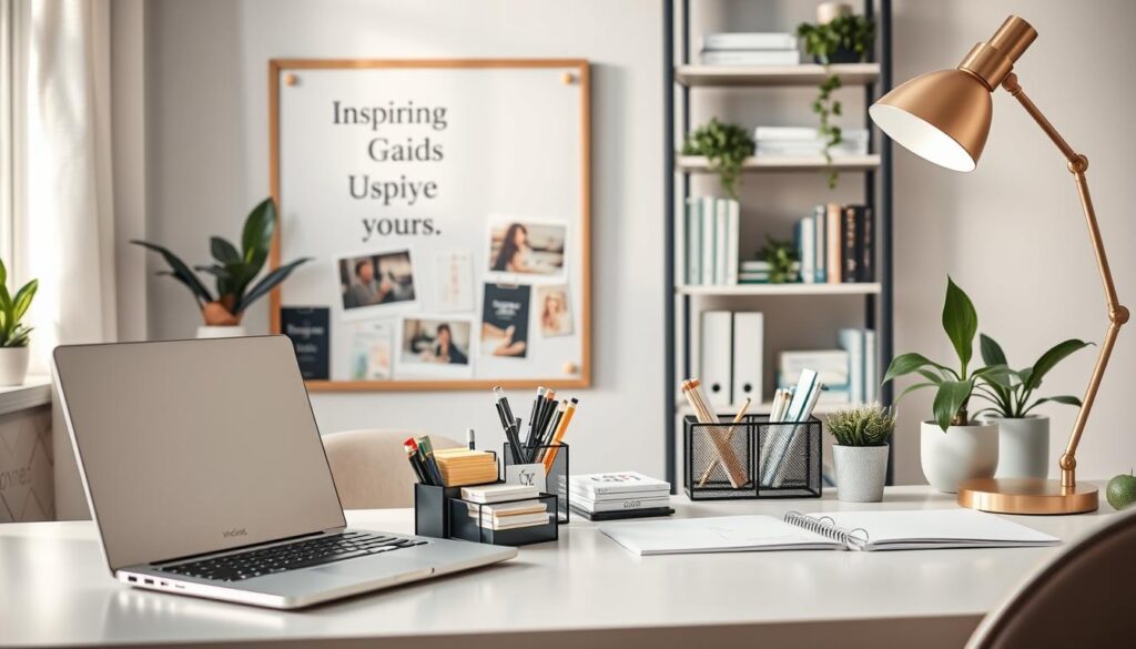 A beautifully organized workspace featuring functional desk accessories and organizational tools. In the foreground, a stylish desk with a sleek, modern laptop and an elegant desk organizer holding pens, sticky notes, and business cards. The middle ground showcases an inspiring vision board with motivational quotes and images, alongside a chic desk lamp providing warm lighting. The background features a minimalist bookshelf filled with neatly arranged books and decorative plants, creating a fresh atmosphere. Soft, natural light filters through a window, casting gentle shadows and highlighting the items on the desk. The overall mood is professional yet inviting, reflecting a productive environment tailored for women. The scene should be captured from a slightly elevated angle to encompass both the desk and surrounding elements, ensuring a cohesive layout.