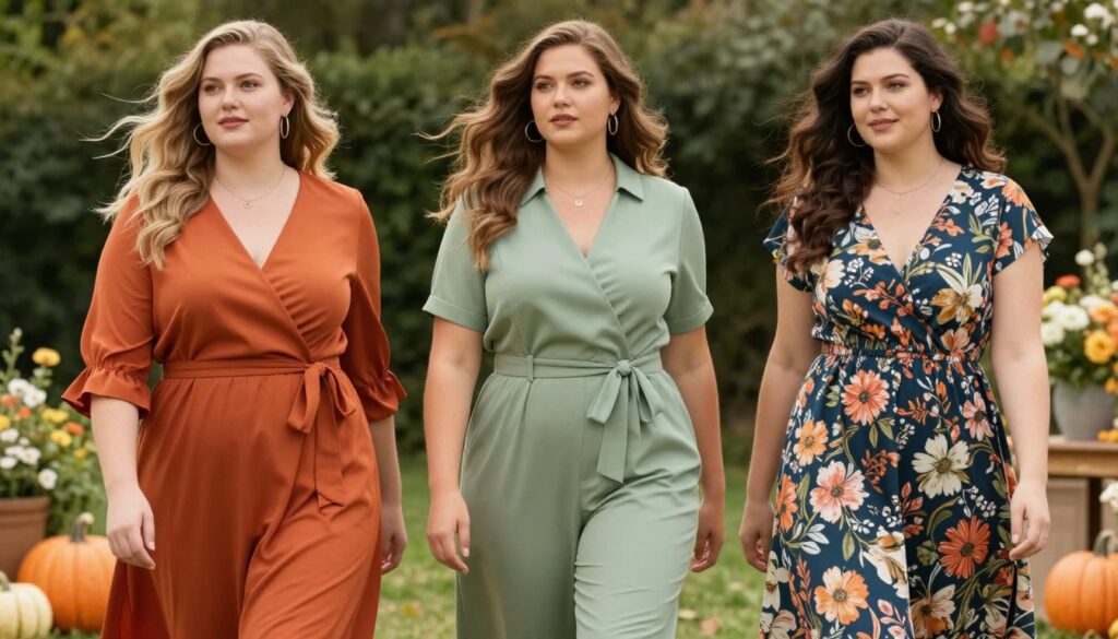 A beautifully styled collection of seasonal outfits for curvy women is the focus of this image. In the foreground, feature three diverse models showcasing flattering outfits: one in a vibrant autumn dress with a wrap silhouette, another in a tailored spring jumpsuit with a cinched waist, and the third in a chic summer maxi dress adorned with floral patterns. The middle ground presents an inviting outdoor setting with soft, lush greenery, complemented by a gentle breeze that lightly tousles the models' hair. In the background, display hints of seasonal decor, like pumpkins for fall or blooming flowers for spring. Utilize soft, natural lighting to create a warm and welcoming atmosphere, captured from a slight angle to emphasize the essence of style and confidence.