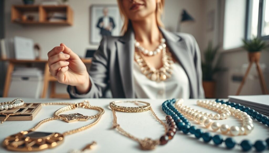 A beautifully styled flat lay of layered statement necklaces, showcasing a variety of designs including bold geometric shapes, elegant pearls, and colorful beads. The foreground captures a close-up of the necklaces with intricate details, allowing viewers to appreciate the texture and craftsmanship. In the middle ground, a stylish, professional woman dressed in a chic business outfit elegantly drapes the necklaces around her neck, experimenting with the layering technique. The background features a soft-focus, minimalist workspace with natural light spilling in through a window, creating a warm and inviting atmosphere. The overall mood is sophisticated yet approachable, illustrating the art of layering necklaces like a pro.
