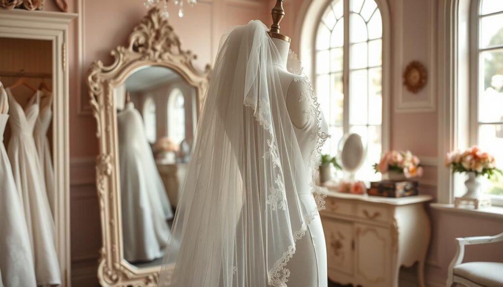 A beautifully styled wedding veil displayed on an elegant mannequin set in a softly lit bridal boutique. The foreground features delicate lace and tulle fabric flowing gracefully from the veil, showcasing intricate embroidery and embellishments. The middle ground includes a full-length mirror reflecting the veil, alongside bridal accessories like hairpins and flowers, contributing to a cohesive styling aesthetic. In the background, pastel-colored walls and elegant vintage decor create a warm, inviting atmosphere ideal for brides. Natural light filters through large windows, casting a gentle glow over the scene, which evokes a sense of romance and anticipation. The image captures the essence of bridal elegance while providing practical styling inspiration for a wedding veil.