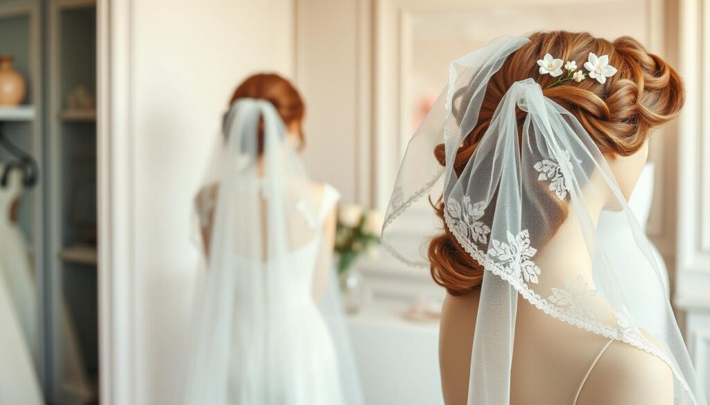 A beautifully styled wedding veil displayed on mannequins showcasing various hairstyles in an elegant bridal boutique. In the foreground, feature a flowing lace veil elegantly draped over a refined updo, accentuated by delicate floral hairpins. In the middle ground, another mannequin represents a soft, romantic style with loose waves, paired with a tulle veil cascading down. The background includes a softly lit, sophisticated bridal shop setting, with muted pastel colors and tasteful décor, creating a serene ambiance. Utilize natural, diffused lighting to enhance the textures of the veils and hairstyles. Capture the mood of creativity and sophistication in this bridal styling scene, focusing on the artistry of veil placement and hairstyle design.