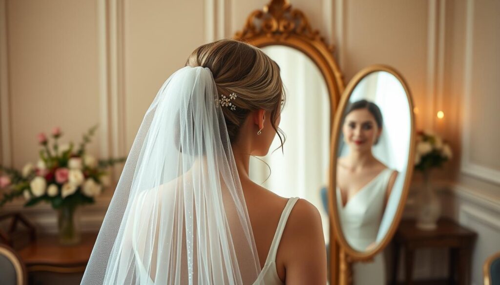 A beautifully styled wedding veil displayed prominently in the foreground, showcasing innovative securing methods such as elegant combs, discreet hairpins, and delicate ribbons. The veil is made of soft, translucent fabric that catches the light, creating a subtle shimmer. In the middle ground, a graceful bride in modest, professional attire is admiring her reflection in a vintage mirror, her hair elegantly styled to complement the veil, which flows gently around her. The background features a softly lit bridal room adorned with floral arrangements and neutral-toned décor, enhancing the romantic atmosphere. The lighting is warm and inviting, emphasizing the textures of the veil and the serene expression on the bride’s face. The angle of the shot offers a picturesque view of the veil while retaining a sense of elegance and innovation, perfect for showcasing modern bridal styling techniques.