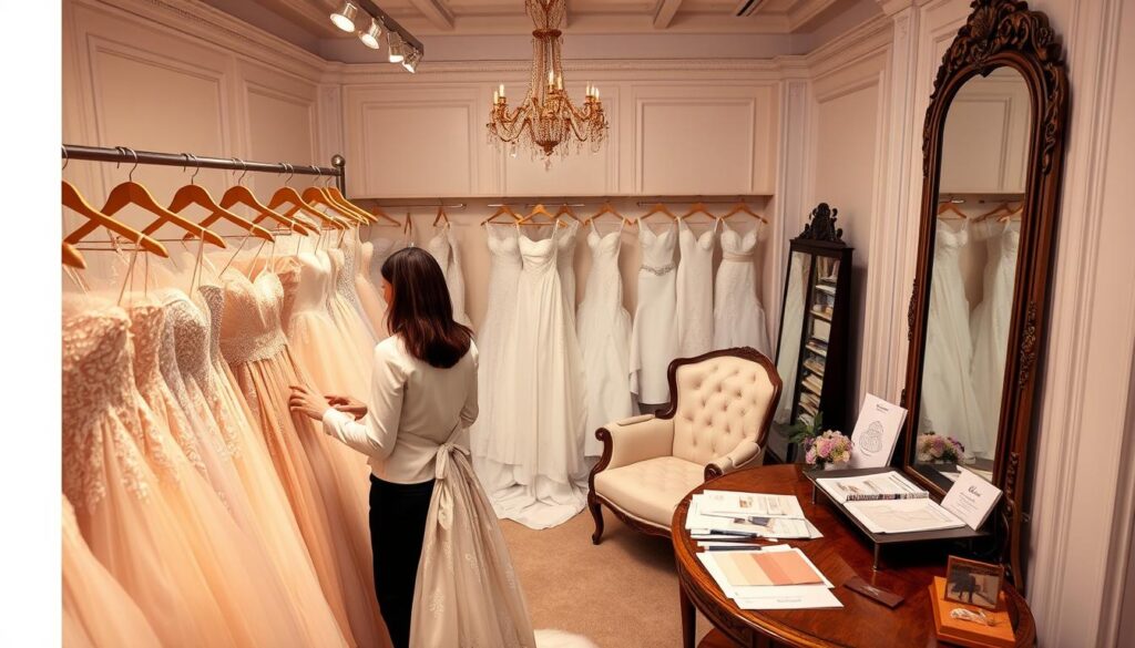 A bridal salon interior, elegantly designed with soft, ambient lighting. In the foreground, a consultant in professional attire is attentively helping a bride examine a line of luxurious wedding dresses hung on ornate racks. The middle ground showcases a beautifully decorated fitting area with a plush, vintage-style armchair and a large mirror reflecting the elegant atmosphere. In the background, various bridal gown sketches and color swatches are displayed on a wooden table, symbolizing designer expertise. The overall mood is sophisticated and inviting, emphasizing the importance of research in choosing the perfect wedding dress. An overhead view captures the entire scene, allowing the viewer to appreciate the salon's charm and the serious yet warm interaction between the consultant and bride.