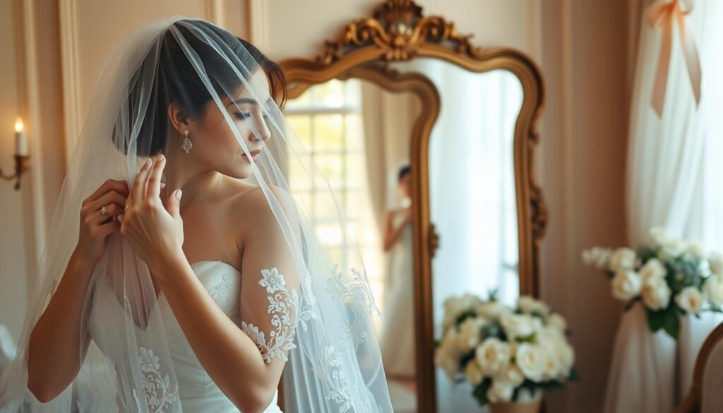 A bride stands elegantly in a softly lit bridal suite, adjusting her wedding veil with care. In the foreground, her hands delicately hold the veil's lace edges, highlighting intricate details like delicate beads and floral patterns. The middle ground features a large vintage mirror reflecting the bride’s serene expression and the soft glow of natural light filtering through sheer curtains. The background includes elegant wedding decor, such as fresh white flowers and pastel ribbons adorning the room. The atmosphere is romantic and tranquil, with warm golden tones casting a dreamy ambiance. The composition captures a sense of intimacy and attention to detail, emphasizing the importance of maintaining the veil throughout the wedding day.