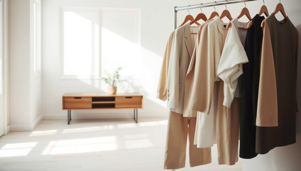A bright and airy minimalist wardrobe scene depicting a stylish women's clothing rack with neatly organized, versatile pieces in neutral tones—think whites, blacks, and earth tones. In the foreground, focus on essential wardrobe staples: a tailored blazer, classic white shirts, and well-fitted trousers, all hanging neatly. In the middle, a soft, open space with a simple wooden bench adorned with a delicate potted plant, enhancing the minimalist aesthetic. The background features a light-filled, serene room with a large window showcasing soft natural light that casts gentle shadows, creating a calm and inviting atmosphere. The overall mood is one of simplicity and elegance, emphasizing the ease of a curated wardrobe.