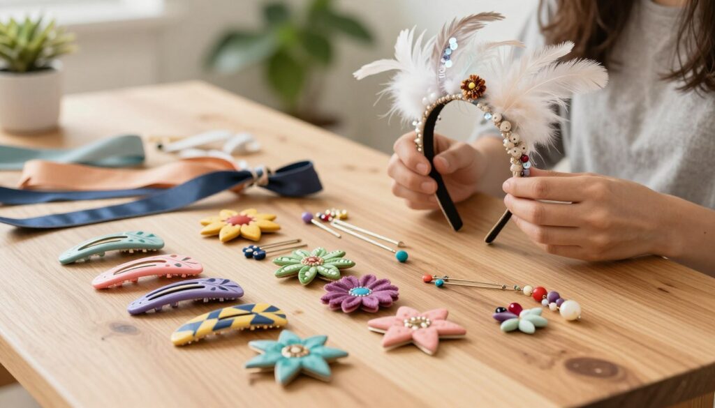A bright and inviting scene showcasing an array of creative hair accessories on a natural wood table. In the foreground, a collection of colorful, handmade hair clips shaped like flowers, stars, and geometric patterns are artfully arranged alongside an assortment of ribbons, beads, and decorative pins. In the middle ground, a pair of hands delicately crafts a whimsical headband embellished with feathers and sequins, emphasizing the DIY aspect. The background features soft-focus greenery, adding a touch of freshness to the setting. The image is bathed in warm, natural lighting to evoke a cozy, artistic atmosphere, with a shallow depth of field to draw attention to the intricate details of the accessories. A bright and inviting scene showcasing an array of creative hair accessories on a natural wood table. In the foreground, a collection of colorful, handmade hair clips shaped like flowers, stars, and geometric patterns are artfully arranged alongside an assortment of ribbons, beads, and decorative pins. In the middle ground, a pair of hands delicately crafts a whimsical headband embellished with feathers and sequins, emphasizing the DIY aspect. The background features soft-focus greenery, adding a touch of freshness to the setting. The image is bathed in warm, natural lighting to evoke a cozy, artistic atmosphere, with a shallow depth of field to draw attention to the intricate details of the accessories.