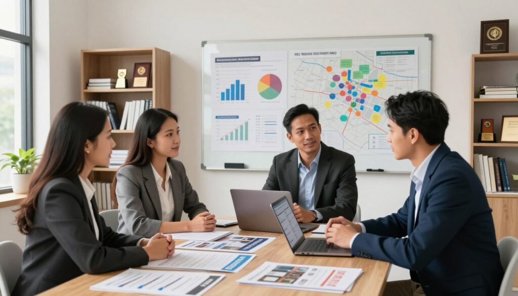 A bright, inviting office space filled with motivational real estate materials. In the foreground, a diverse group of three people—one woman and two men—are engaged in a discussion over a large table cluttered with real estate brochures and a laptop displaying property listings. They are dressed in professional business attire, conveying a serious yet optimistic atmosphere. In the middle ground, a large whiteboard displays charts and maps, indicating property locations and investment potential. Soft, natural lighting filters through large windows, casting a warm glow over the scene. The background features a sleek bookshelf filled with real estate books and awards, symbolizing knowledge and success. The overall mood is focused and encouraging, embodying the excitement and opportunity of starting a real estate journey.