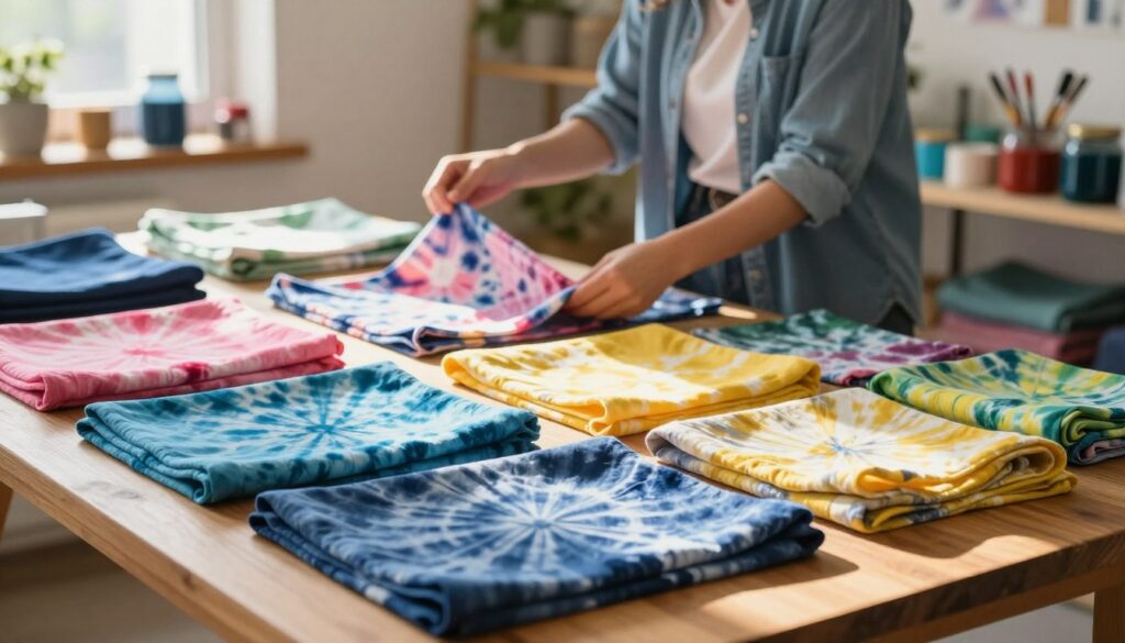 A bright, inviting workspace filled with an array of vibrant fabrics laid out on a wooden table. The foreground features a diverse selection of cotton and silk pieces in rich hues of blue, pink, yellow, and green, showcasing potential tie-dye patterns. In the middle ground, a person in casual yet professional clothing carefully examines the fabrics, holding a piece up against the light to inspect its texture. Sunlight streams through a nearby window, casting a warm glow that enhances the colors of the fabrics. The background is softly blurred, featuring shelves with jars of dye and tools, creating a cozy and artistic atmosphere. The mood is creative and inspiring, encouraging viewers to explore their own tie-dye projects.