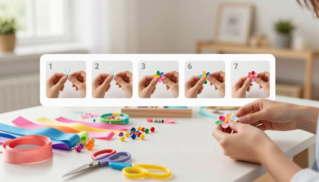 A bright, inviting workspace showcasing a step-by-step DIY hair accessories tutorial. The foreground features a neatly arranged table with colorful materials such as ribbons, beads, and scissors, with hands methodically crafting a hair accessory like a flower clip. In the middle, there are clear, numbered steps illustrated with small images showing the crafting process in detail. The background is softly blurred, depicting a cozy, well-lit room with natural light streaming in through a window, creating a warm atmosphere. The overall mood is cheerful and creative, perfect for inspiring readers. The composition is aimed for a sharp, focused view that highlights the hands and materials involved in the tutorial. A bright, inviting workspace showcasing a step-by-step DIY hair accessories tutorial. The foreground features a neatly arranged table with colorful materials such as ribbons, beads, and scissors, with hands methodically crafting a hair accessory like a flower clip. In the middle, there are clear, numbered steps illustrated with small images showing the crafting process in detail. The background is softly blurred, depicting a cozy, well-lit room with natural light streaming in through a window, creating a warm atmosphere. The overall mood is cheerful and creative, perfect for inspiring readers. The composition is aimed for a sharp, focused view that highlights the hands and materials involved in the tutorial.
