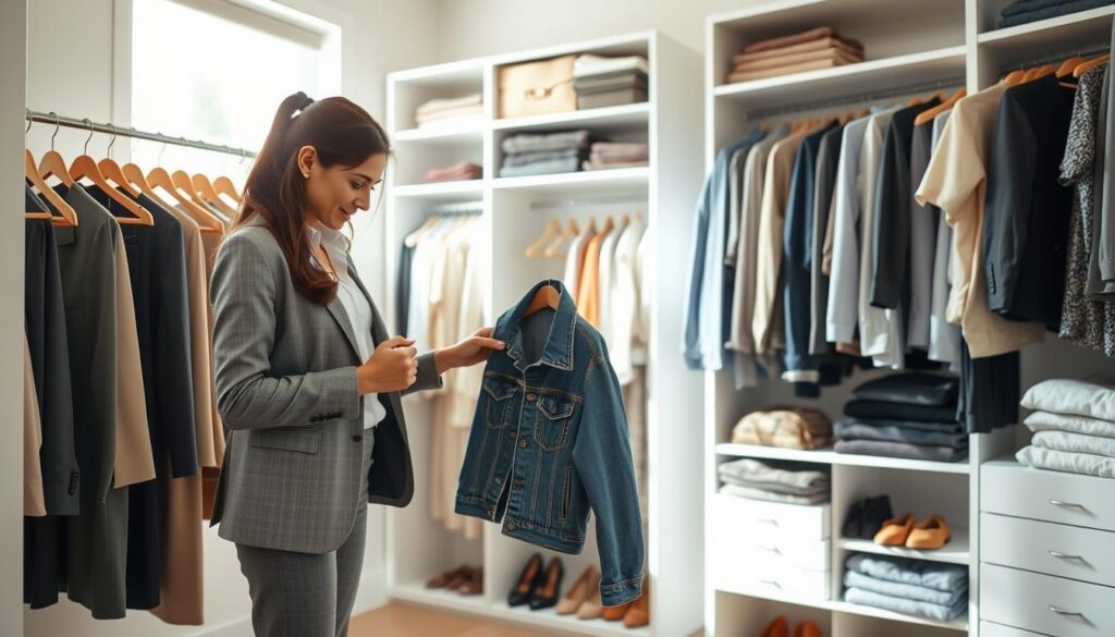 A bright, organized closet space featuring an array of neatly hung clothes and folded items, emphasizing the process of decluttering for a capsule wardrobe. In the foreground, a fashion-savvy individual, dressed in casual but stylish attire, is thoughtfully sorting through clothing, holding a denim jacket and considering its fit. The middle ground showcases neatly categorized sections of clothes, shoes, and accessories, with a minimalist aesthetic, utilizing soft neutral colors. The background reveals a well-lit, spacious closet with natural light filtering through a window, enhancing the fresh and inviting atmosphere. The mood evokes a sense of calm and empowerment, encouraging a fresh start in wardrobe transformation.