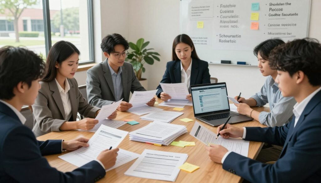 A bright, organized workspace depicting the scholarship application process. In the foreground, a diverse group of college students, dressed in professional business attire, are sitting around a large wooden table, actively discussing and reviewing scholarship documents and checklists. In the middle, various stacks of applications, colorful sticky notes, and a laptop displaying a scholarship website are scattered across the table, conveying a sense of collaboration and focus. In the background, a whiteboard filled with motivational quotes about education and success enhances the scene, along with a window showing a sunny campus view, creating a warm and inviting atmosphere. Soft, natural lighting illuminates the space, captured with a slight overhead angle to emphasize teamwork and engagement in the application process.