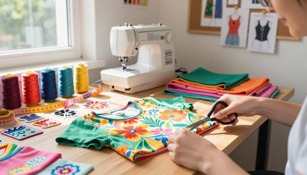 A bright, sunny workspace filled with colorful fabrics and tools for customizing crop tops. In the foreground, a pair of hands carefully trimming a vibrant T-shirt with fabric scissors, showcasing a floral pattern. The middle ground features an array of sewing supplies—spools of thread, decorative patches, and a measuring tape spread out on a wooden table. In the background, a sewing machine sits next to a wall adorned with inspiration boards featuring various DIY crop top designs. Natural sunlight filters in through a window, casting soft shadows, creating a creative and inviting atmosphere. The scene conveys a sense of fun and inspiration, perfect for a DIY project.