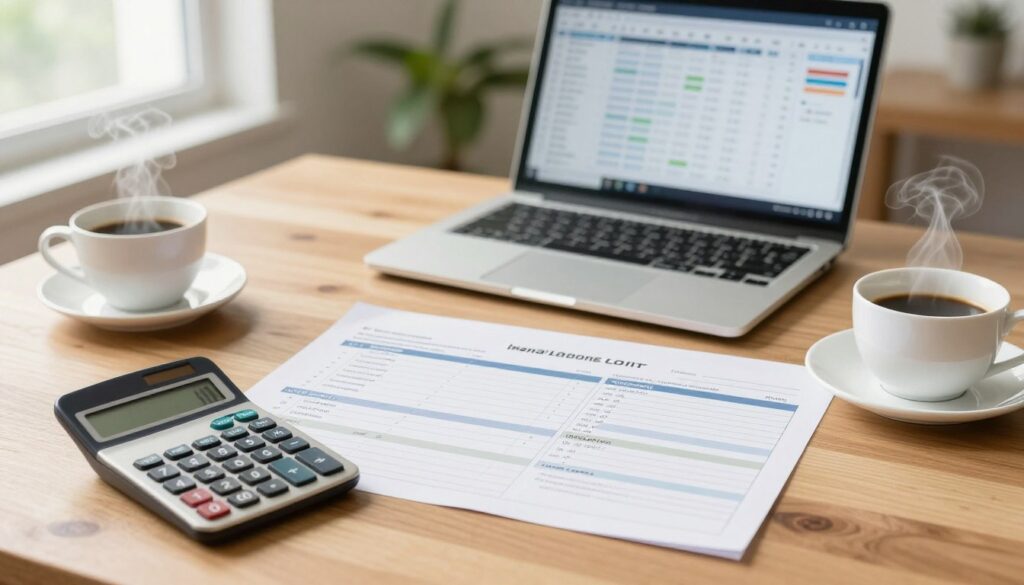 A bright, well-organized workspace featuring a detailed monthly expenses worksheet prominently displayed on a clean wooden desk. The worksheet includes neatly arranged sections for income, fixed expenses, variable expenses, and savings goals. In the foreground, a calculator and a steaming cup of coffee create a cozy atmosphere. In the middle background, a modern laptop is open, displaying a budgeting application, adding a tech-savvy touch. Soft natural light filters in through a nearby window, illuminating the scene, which conveys a sense of calm focus. Subtle greenery is visible in the background, enhancing a fresh and productive mood. The overall composition is inviting and professional, ideal for illustrating personal finance management.