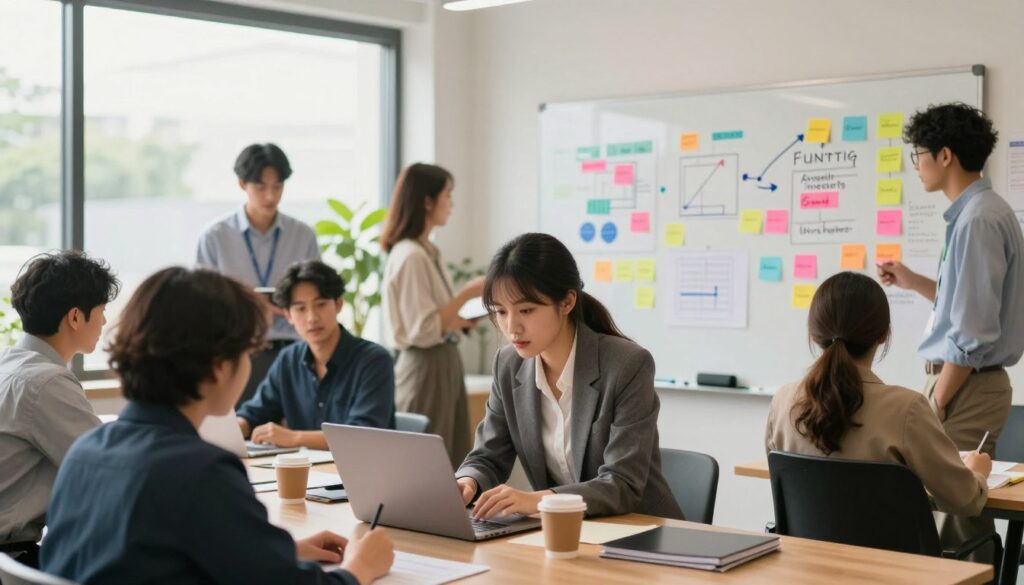 A brightly lit co-working space showcasing a diverse group of professionals brainstorming creative funding options for startups. In the foreground, a young woman in professional attire leans over a laptop, deeply engaged in discussion with her colleagues. The middle ground features a large whiteboard filled with colorful sticky notes and diagrams illustrating various funding strategies, such as crowdfunding, angel investors, and grants. The background includes large windows letting in natural light, with greenery visible outside, creating a fresh and inspiring atmosphere. The shot is taken at a slight angle to highlight the teamwork and collaboration, with a warm, welcoming mood emphasizing innovation and possibility. The overall composition conveys the excitement and potential of finding unconventional funding methods.