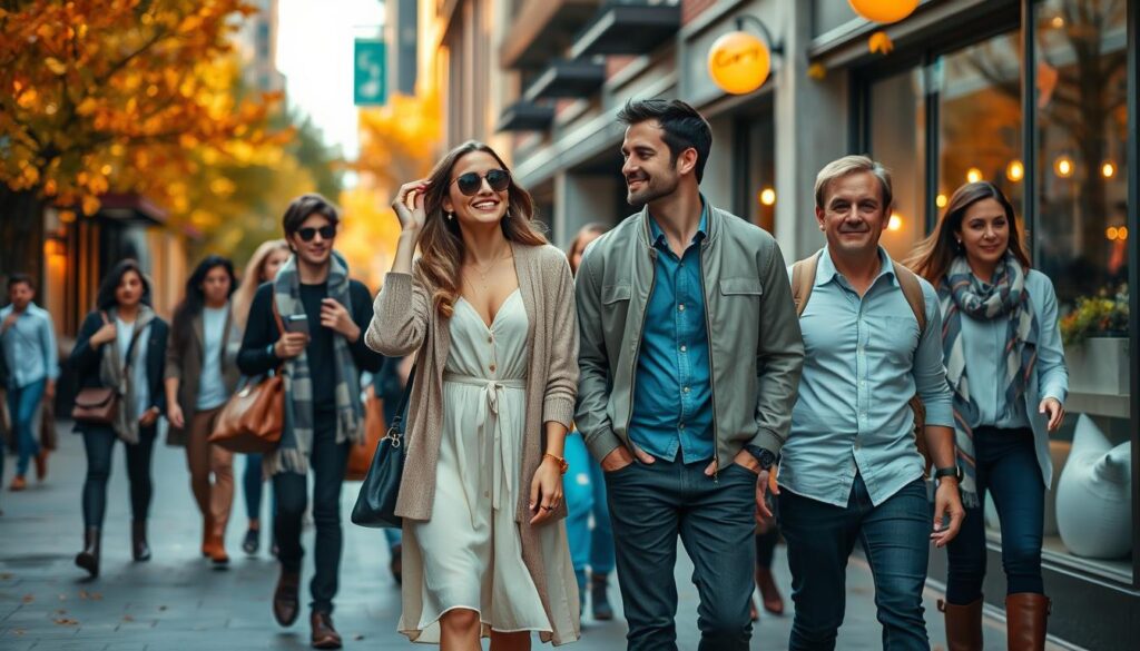 A bustling urban street scene showcasing a diverse group of stylish individuals transitioning from summer to fall fashion. In the foreground, a young woman in a light, airy sundress layered with a chic, oversized cardigan, paired with ankle boots, laughs while adjusting her sunglasses. Beside her, a man wears a smart-casual look with a short-sleeve button-up shirt complemented by a lightweight bomber jacket and tailored trousers. In the middle ground, vibrant autumn leaves begin to fall as other pedestrians showcase their layers, featuring scarves and boots. The background reveals a cozy café with warm lighting, adding to the inviting atmosphere. The scene captures the essence of seasonal transition, with a golden-hour glow that enhances the rich colors of fall. Shot from a slightly elevated angle for depth.