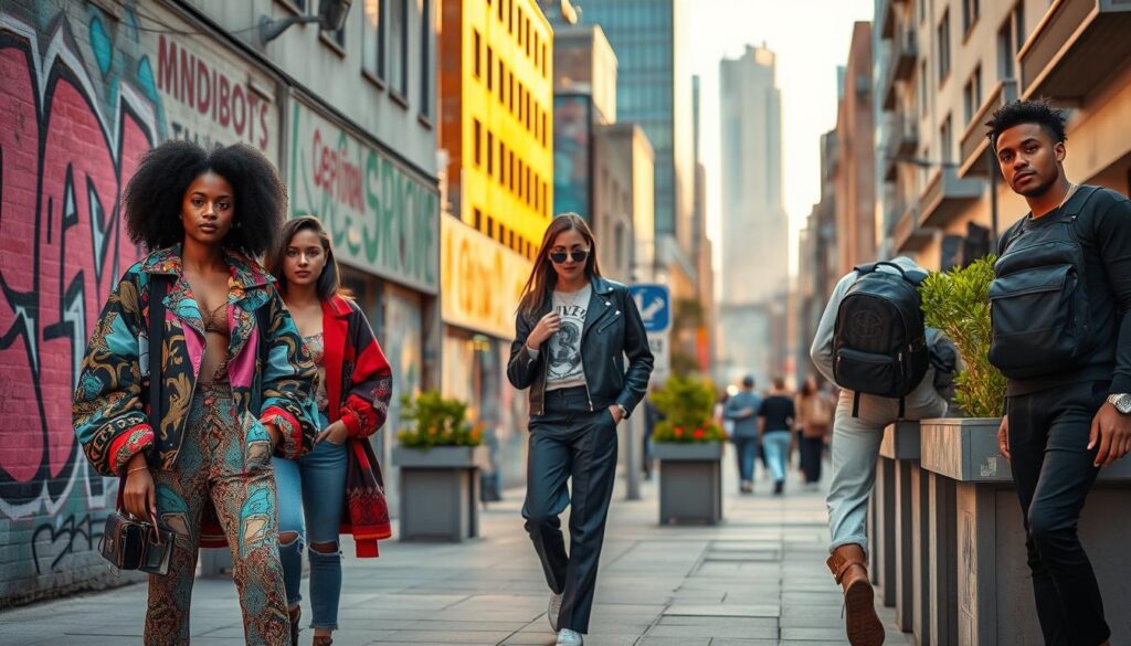 A bustling urban street scene showcasing diverse fashion influences. In the foreground, a group of young adults of different ethnicities and backgrounds exhibit trendy street style: one wears a vibrant oversized jacket, another sports layered textiles with bold prints, and a third showcases a minimalistic yet edgy look with tailored trousers and a designer backpack. In the middle ground, graffiti art adorns the walls, adding pops of color, while flower boxes with greenery bring a touch of nature. The background features a lively cityscape with modern architecture, hinting at an eclectic mix of cultures. The scene is lit with warm, golden-hour sunlight casting soft shadows, evoking an energetic yet relaxed atmosphere. Capture this image from a slightly elevated angle to emphasize the fashion details.