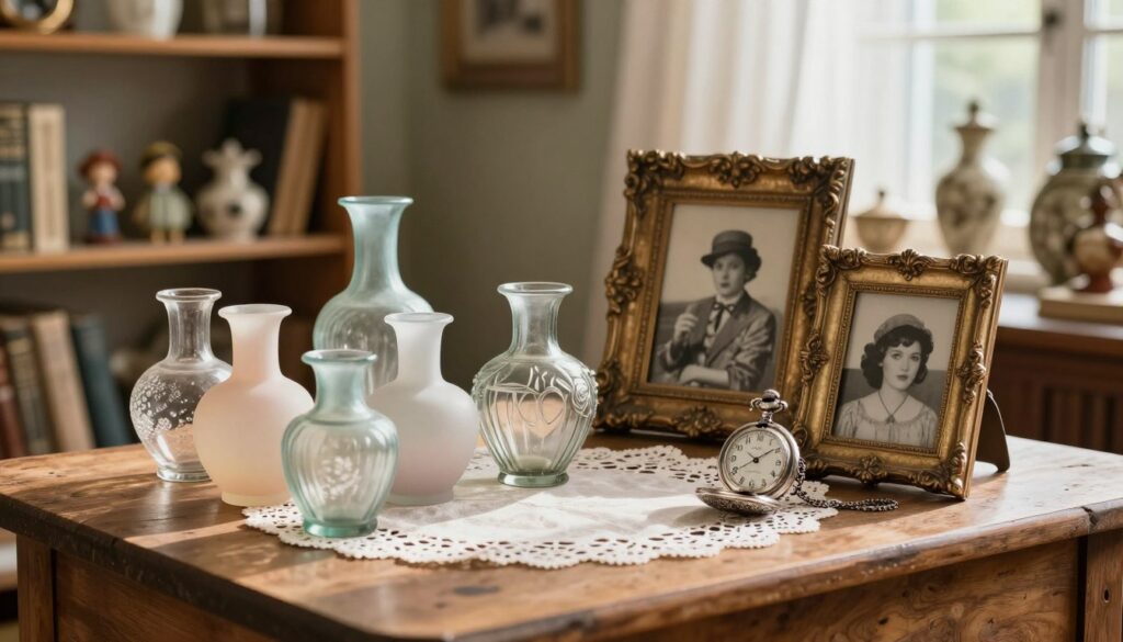 A captivating display of vintage decorative accessories gathered on a rustic wooden table. In the foreground, include a collection of unique glass vases in muted pastel colors, an ornate silver pocket watch, and a delicate lace doily beneath them. The middle ground features a couple of antique picture frames with intricate designs, holding black-and-white photos of retro styles. In the background, softly blurred shelves filled with eclectic thrifted items, like vintage books and quirky figurines, add a warm ambiance. Soft, natural daylight streams in from a nearby window, casting gentle shadows and creating a cozy, nostalgic atmosphere. Capture this scene with a shallow depth of field, emphasizing the exquisite details of the accessories, evoking a sense of charm and retro elegance.