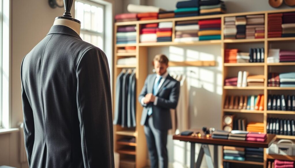 A carefully tailored outfit displayed in a stylish tailor's workshop. In the foreground, a well-fitted blazer and trousers on a mannequin, highlighting the precision of professional tailoring with crisp lines and structured shoulders. The middle scene features a skilled tailor in professional attire adjusting a garment on a model—both look focused and engaged in the process. The background showcases shelves filled with vibrant fabric swatches and the tools of the trade, like measuring tapes and scissors, creating a warm and inviting atmosphere. Soft, natural lighting filters through a window, casting gentle shadows that evoke sophistication. The overall mood is one of elegance and craftsmanship, emphasizing the importance of fit for a polished, elevated style.
