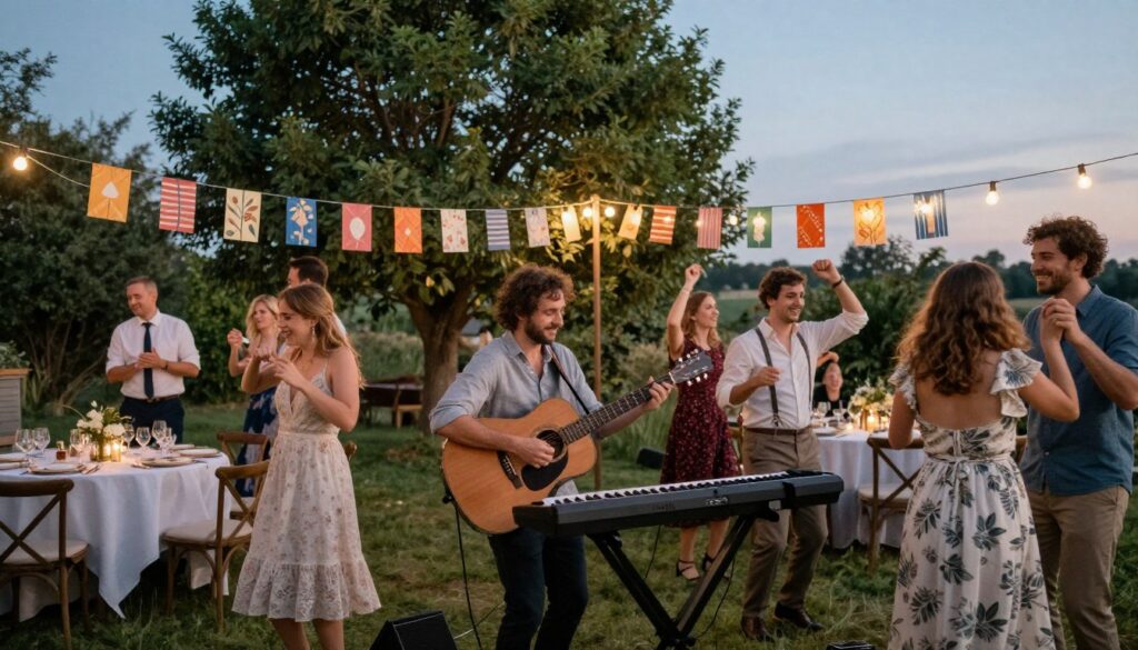 A charming outdoor wedding scene featuring a lively yet affordable entertainment setup. In the foreground, a small live band performs joyfully with acoustic guitars and a keyboard, surrounded by cheerful wedding guests in modest, casual attire, dancing and enjoying themselves. In the middle, colorful decorations like string lights and handmade banners create a festive atmosphere, while tables with simple but elegant centerpieces are set for guests to relax. The background showcases lush greenery and a blue sky, enhancing the outdoor ambiance. Soft, warm lighting evokes a cozy, inviting mood as the sun sets. The image is captured at a slight angle, focusing on the interaction between guests and the entertainment, bringing vibrancy and joy to the scene without any text or distractions.
