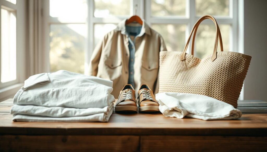 A chic arrangement of essential sustainable wardrobe staples on a rustic wooden table. In the foreground, feature a neatly folded organic cotton t-shirt, a pair of versatile biodegradable denim jeans, and a lightweight linen button-up shirt. The middle ground includes a pair of ethically sourced leather sneakers and a woven tote bag made from recycled materials. In the background, soft natural light filters through a large window, casting gentle shadows on the garments. The atmosphere feels warm and inviting, emphasizing a sense of eco-friendliness and style. Use a shallow depth of field to create a soft focus on the clothing items, while allowing the textures and colors to pop. Keep the image clean and minimalist, without any distracting elements.