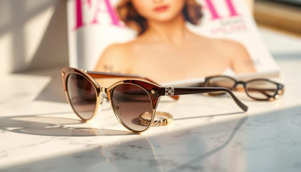 A chic display of petite women’s accessories, focusing on stylish sunglasses, placed on a sleek marble surface. In the foreground, a pair of elegant cat-eye sunglasses with subtle embellishments glistens under soft, natural lighting that creates soft shadows. In the middle ground, an assortment of delicate jewelry — a dainty bracelet and simple earrings — complements the sunglasses. The background features a blurred fashion magazine cover with vibrant colors, hinting at a fashionable lifestyle. The mood is refined and sophisticated, evoking a sense of effortless style that appeals to petite women looking to enhance their outfits with classic accessories. Use a shallow depth of field to emphasize the accessories and create a warm, inviting atmosphere.