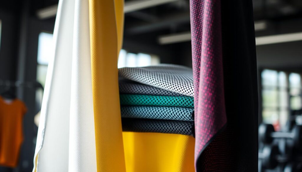 A close-up display of high-performance activewear fabrics showcasing a variety of textures and colors. In the foreground, several pieces of fabric hang gracefully, illuminated by soft, diffused natural light to emphasize the moisture-wicking, breathable qualities. The middle layer features folded samples showcasing technologies like mesh, compression, and stretch materials, enhancing athletic performance. The background includes a blurred gym environment, suggesting a dynamic atmosphere in which these fabrics excel. Capture this scene using a shallow depth of field, focusing on the intricate weave patterns and vibrant hues. The overall mood reflects energy and innovation, inviting the viewer to appreciate the advanced material science behind activewear.