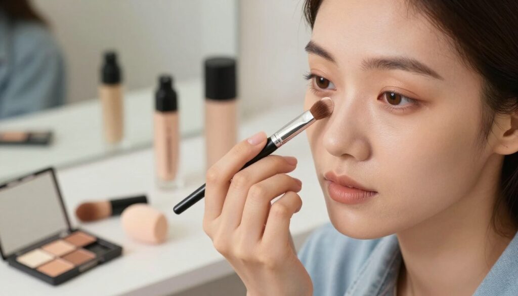A close-up image of a person applying concealer to their under-eye area, showcasing quick and efficient techniques. The foreground features a well-lit face, highlighting the precision of the concealer application using a small brush. The person, dressed in casual yet professional attire, has natural makeup and a focused expression. In the middle, a small array of makeup products, like a concealer palette and blending sponge, is artfully arranged. The background is softly blurred to maintain focus on the subject, with a neutral-toned vanity setup that complements the skincare theme. Bright, diffuse lighting enhances the natural skin tones and creates a fresh, approachable atmosphere, perfect for portraying an everyday makeup routine. A close-up image of a person applying concealer to their under-eye area, showcasing quick and efficient techniques. The foreground features a well-lit face, highlighting the precision of the concealer application using a small brush. The person, dressed in casual yet professional attire, has natural makeup and a focused expression. In the middle, a small array of makeup products, like a concealer palette and blending sponge, is artfully arranged. The background is softly blurred to maintain focus on the subject, with a neutral-toned vanity setup that complements the skincare theme. Bright, diffuse lighting enhances the natural skin tones and creates a fresh, approachable atmosphere, perfect for portraying an everyday makeup routine.