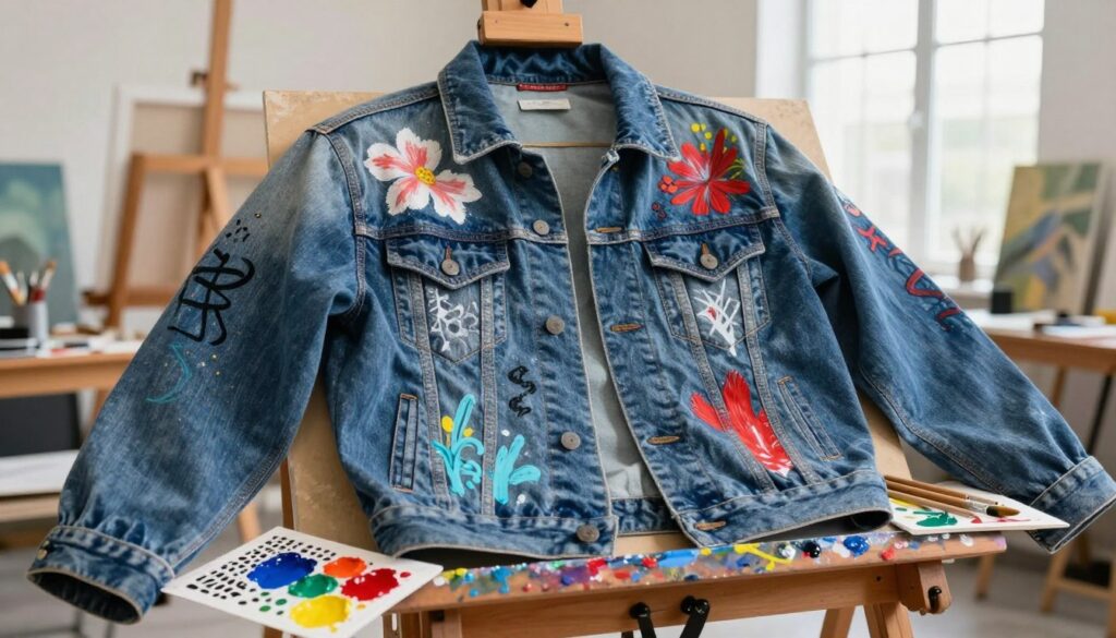 A close-up of a denim jacket draped artistically on a wooden easel, showcasing various painting techniques and customization methods. In the foreground, splashes of vibrant acrylic paints in blues, reds, and yellows are scattered, alongside paintbrushes and stencils. The middle ground features the jacket adorned with unique hand-painted designs like floral patterns, abstract shapes, and graffiti-style tags. The background is a softly blurred art studio, with natural light streaming through large windows, illuminating the textures of the denim and the richness of the paint. The mood is creative and inspiring, inviting viewers to dive into the world of denim customization. The angle is slightly overhead to capture the intricate details of the jacket and tools.