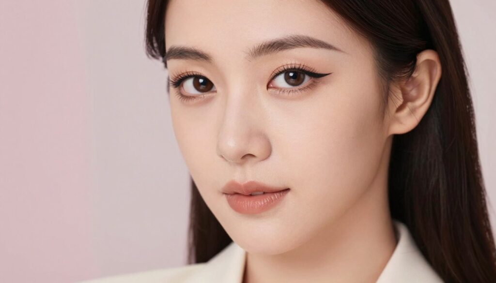 A close-up of an elegant, confident woman with flawless skin showcasing a classic winged eyeliner look, enhanced by soft, diffused lighting that highlights her features. Her eyes at the center of the frame are strikingly emphasized, with sharp, elongated wings creating a timeless appeal. The background is softly blurred, featuring subtle pastel colors that evoke a feeling of sophistication and grace. The model wears a modest, stylish blouse, contributing to an overall sense of professionalism and refinement. The atmosphere is serene and inviting, with a touch of glamour. The image captures the essence of beauty and precision in makeup application, focusing on the art of winged eyeliner as a signature look.