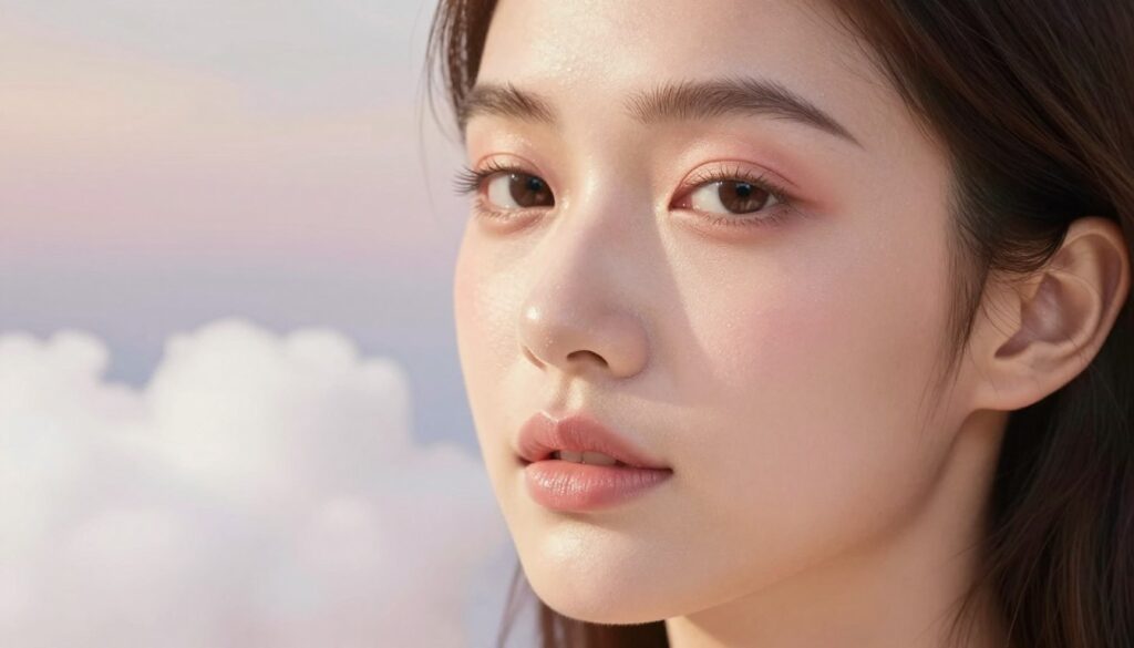 A close-up portrait of a young woman with a radiant cloud skin complexion, showcasing a soft, dewy glow that reflects natural light. Her skin appears flawless, smooth, and slightly luminescent, evoking the feeling of fluffy clouds. She has a minimal, sophisticated makeup look featuring feathered eyebrows and soft pastel eyeshadow that complements her complexion. The background is softly blurred with ethereal, fluffy cloud formations and gentle pastel hues, adding a dreamlike atmosphere. The lighting is soft and diffused, reminiscent of the golden hour, casting a warm, inviting glow. The lens is focused on her face, emphasizing her radiant skin and serene expression, embodying the modern elegance of 2026 makeup trends.