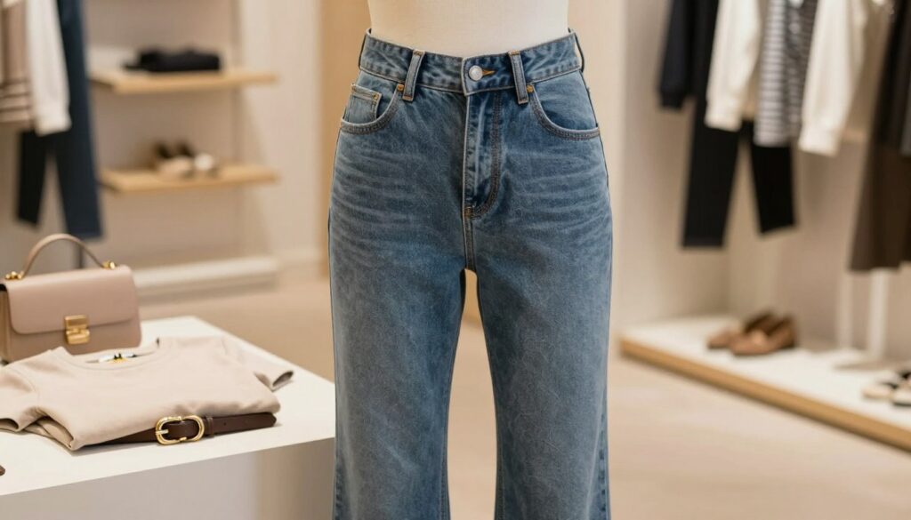 A close-up shot of a pair of curvy jeans displayed on a mannequin in a well-lit, stylish boutique setting. The jeans should have distinctive features like a high waist, a contoured fit through the hips and thighs, and a slight flare at the bottom. Accompanying elements like a soft cotton top in a neutral color, a stylish belt, and complementary accessories such as a handbag are arranged nearby. The background should include soft, blurred shelves lined with other fashionable clothing, with warm, inviting lighting creating a cozy atmosphere. Capture the scene from a slightly elevated angle to emphasize the structured fit of the jeans while maintaining a chic and modern vibe.