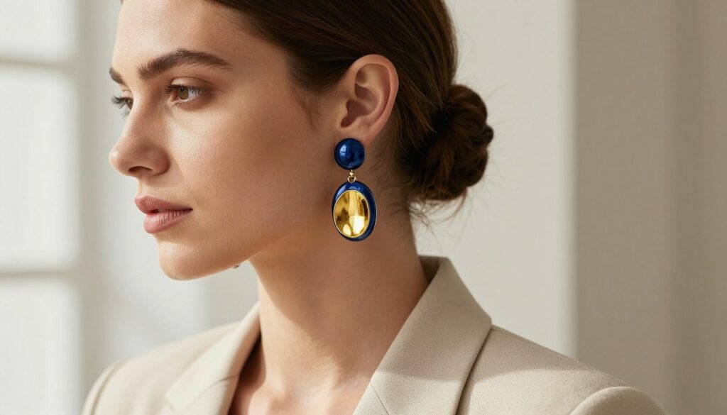 A close-up shot of elegant statement earrings balanced with a minimalist outfit, featuring a model dressed in professional business attire. The earrings have intricate designs with a mix of bold colors, including deep blues and vibrant golds, reflecting light beautifully. The model's hair is styled in a sleek updo, allowing the earrings to stand out. The background is softly blurred to emphasize the accessories, with soft natural lighting illuminating the scene from the side, creating delicate shadows. The overall mood is sophisticated and chic, suitable for various polished looks, while conveying a sense of confidence and modern elegance. A close-up shot of elegant statement earrings balanced with a minimalist outfit, featuring a model dressed in professional business attire. The earrings have intricate designs with a mix of bold colors, including deep blues and vibrant golds, reflecting light beautifully. The model's hair is styled in a sleek updo, allowing the earrings to stand out. The background is softly blurred to emphasize the accessories, with soft natural lighting illuminating the scene from the side, creating delicate shadows. The overall mood is sophisticated and chic, suitable for various polished looks, while conveying a sense of confidence and modern elegance.