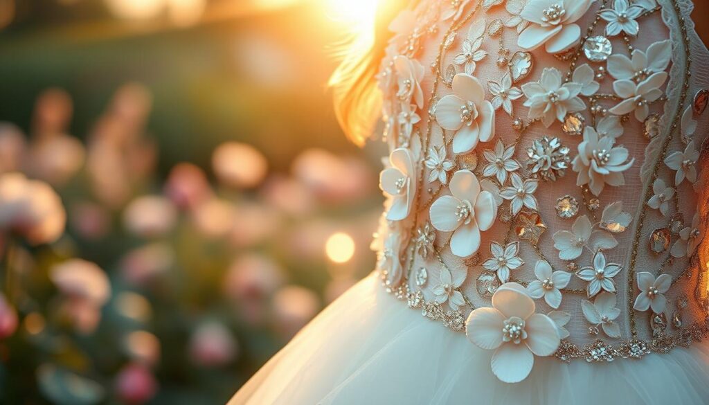 A close-up view of a beautifully crafted wedding dress, showcasing unexpected fabrics and innovative textures. The dress features layers of iridescent organza, intricately woven lace, and bold metallic threads, creating a stunning interplay of light and color. In the foreground, soft floral embellishments made from silk and tulle cascade down the bodice. The middle ground highlights the dress's intricate stitching and unique cut, while the background includes an elegant soft-focus of a tranquil garden setting, bathed in warm, diffused golden hour light. The atmosphere is romantic and whimsical, inviting viewers to appreciate the artistry of modern bridal fashion. Capture the image with a shallow depth of field, lens flare softly illuminating the textures, and a high-resolution finish for detailed clarity.