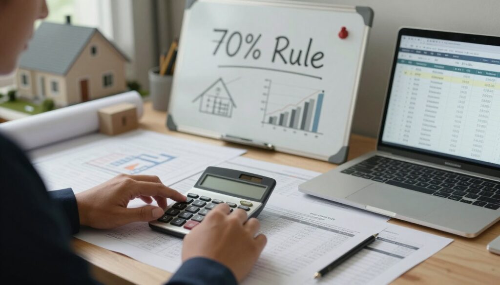 A close-up view of a cluttered desk showcasing a detailed property cost calculation scene, including scattered papers, a calculator, and a laptop displaying a spreadsheet of renovation estimates and sale prices. In the foreground, a pair of hands, clad in professional attire, are actively calculating costs using the calculator, with a focused expression. The middle ground features a whiteboard with the "70% Rule" written in clear, bold letters, diagrams, and charts illustrating financial breakdowns. The background contains a softly blurred image of a house blueprint and construction materials, creating a sense of planning and analysis. Soft, warm lighting illuminates the workspace, conveying a mood of productivity and professionalism. The scene is framed from a slightly elevated angle, offering a comprehensive view of the calculation process.