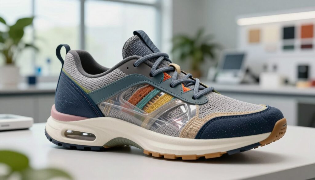 A close-up view of a contemporary shoe showcasing innovative technology and sustainable materials. The shoe features an intricate design with a blend of recycled fabrics, eco-friendly rubber soles, and high-tech cushioning systems. In the foreground, focus on the texture of the materials, with details like woven uppers, transparent panels, and vibrant colors that highlight sustainability. In the middle ground, display a sleek innovation lab setting with soft, natural lighting coming from large windows, creating a warm and inviting atmosphere. The background contains green plants and materials swatches, suggesting a commitment to sustainability. The camera angle is slightly tilted to emphasize the shoe while maintaining a professional aesthetic. The mood is modern, innovative, and eco-conscious, perfect for a forward-thinking footwear article. A close-up view of a contemporary shoe showcasing innovative technology and sustainable materials. The shoe features an intricate design with a blend of recycled fabrics, eco-friendly rubber soles, and high-tech cushioning systems. In the foreground, focus on the texture of the materials, with details like woven uppers, transparent panels, and vibrant colors that highlight sustainability. In the middle ground, display a sleek innovation lab setting with soft, natural lighting coming from large windows, creating a warm and inviting atmosphere. The background contains green plants and materials swatches, suggesting a commitment to sustainability. The camera angle is slightly tilted to emphasize the shoe while maintaining a professional aesthetic. The mood is modern, innovative, and eco-conscious, perfect for a forward-thinking footwear article.