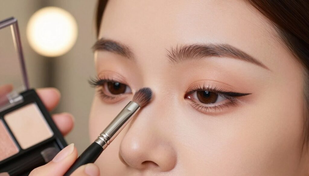 A close-up view of a model's eyes, showcasing the eyelid preparation process for winged eyeliner application. The model has a neutral expression and is wearing light, natural makeup. In the foreground, a clean makeup brush and an eyeshadow palette are delicately positioned. The middle ground highlights the model's eyelid, where a primer is being applied to create a smooth base for eyeliner. The background is softly blurred with warm, inviting lighting, reminiscent of a makeup studio, creating a professional atmosphere. The overall mood is elegant and focused, emphasizing precision and preparation for flawless eyeliner application, while ensuring the scene is visually appealing and SFW.