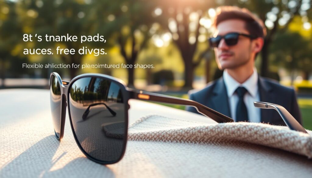 A close-up view of a pair of stylish sunglasses resting on a soft, textured surface, showcasing their fit and comfort features. The foreground highlights the adjustable nose pads and flexible temple arms, emphasizing ergonomic design for prolonged wear. In the middle ground, display a model wearing the sunglasses, dressed in professional business attire, demonstrating how they fit various face shapes. The background includes a softly blurred outdoor setting with gentle sunlight filtering through trees, creating a warm and inviting atmosphere. The lighting accentuates the sleek design of the sunglasses, while reflections are visible on the lenses, enhancing their appeal. Overall, the image conveys sophistication, practicality, and the essence of comfort, ideal for extended use. A close-up view of a pair of stylish sunglasses resting on a soft, textured surface, showcasing their fit and comfort features. The foreground highlights the adjustable nose pads and flexible temple arms, emphasizing ergonomic design for prolonged wear. In the middle ground, display a model wearing the sunglasses, dressed in professional business attire, demonstrating how they fit various face shapes. The background includes a softly blurred outdoor setting with gentle sunlight filtering through trees, creating a warm and inviting atmosphere. The lighting accentuates the sleek design of the sunglasses, while reflections are visible on the lenses, enhancing their appeal. Overall, the image conveys sophistication, practicality, and the essence of comfort, ideal for extended use.