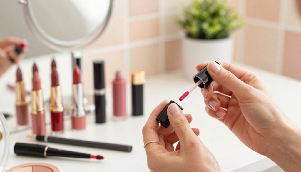 A close-up view of a well-organized vanity table featuring essential lip makeup tools for quick application. In the foreground, a pair of hands, elegantly manicured and adorned with delicate rings, are applying a vibrant lip gloss from a sleek tube to a perfectly shaped set of lips. The middle composition includes an array of popular lipsticks, a lip liner, and a small mirror reflecting soft, natural light. The background is softly blurred to hint at a warm, inviting bathroom with pastel-colored tiles and a hint of greenery from a small plant. The lighting is bright yet soft, creating an energizing and cheerful atmosphere, perfect for busy mornings. The overall mood conveys a sense of efficiency and beauty, ideal for quick lip application tips. A close-up view of a well-organized vanity table featuring essential lip makeup tools for quick application. In the foreground, a pair of hands, elegantly manicured and adorned with delicate rings, are applying a vibrant lip gloss from a sleek tube to a perfectly shaped set of lips. The middle composition includes an array of popular lipsticks, a lip liner, and a small mirror reflecting soft, natural light. The background is softly blurred to hint at a warm, inviting bathroom with pastel-colored tiles and a hint of greenery from a small plant. The lighting is bright yet soft, creating an energizing and cheerful atmosphere, perfect for busy mornings. The overall mood conveys a sense of efficiency and beauty, ideal for quick lip application tips.