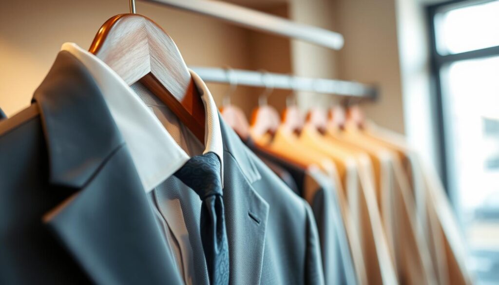 A close-up view of a well-tailored men's suit displayed on a sleek wooden hanger, emphasizing the quality of fabric and craftsmanship. The foreground features a perfectly pressed dress shirt with subtle patterns, followed by a classic tie draped artistically. In the middle ground, a tailored blazer showcases sharp lapels and intricate stitching, hinting at high-quality design. The background is softly blurred, filled with neutral-toned clothing racks, adding depth without distraction. Soft, natural lighting from a nearby window bathes the scene, creating warm highlights and shadows to enhance textures. The mood is refined and sophisticated, inspiring confidence and style in men’s fashion, focusing on the essence of fit and quality. A close-up view of a well-tailored men's suit displayed on a sleek wooden hanger, emphasizing the quality of fabric and craftsmanship. The foreground features a perfectly pressed dress shirt with subtle patterns, followed by a classic tie draped artistically. In the middle ground, a tailored blazer showcases sharp lapels and intricate stitching, hinting at high-quality design. The background is softly blurred, filled with neutral-toned clothing racks, adding depth without distraction. Soft, natural lighting from a nearby window bathes the scene, creating warm highlights and shadows to enhance textures. The mood is refined and sophisticated, inspiring confidence and style in men’s fashion, focusing on the essence of fit and quality.