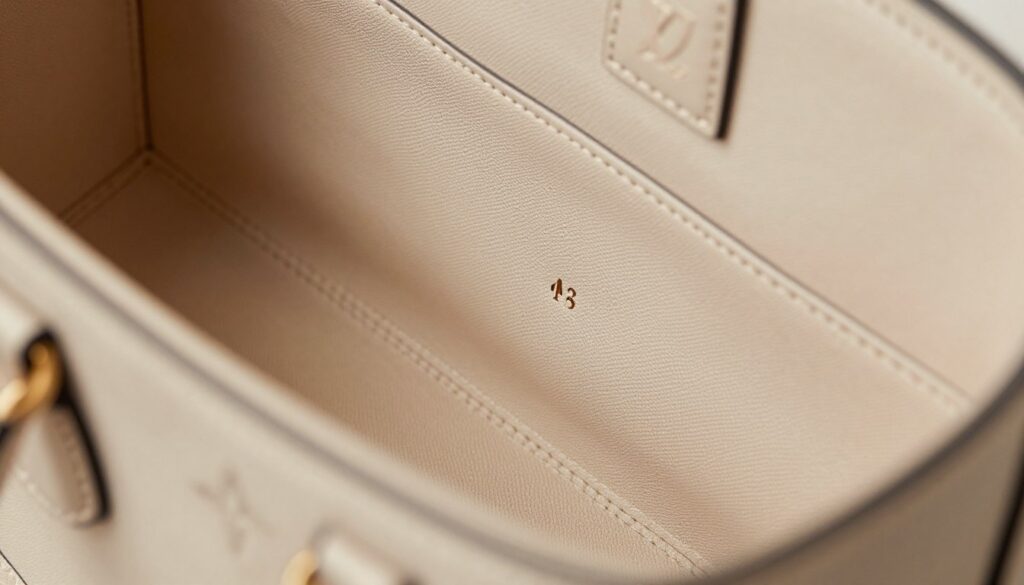 A close-up view of an authentic designer bag's interior, featuring a prominent, intricately designed logo and an included serial number tag. The foreground showcases the elegant stitching and texture of the bag’s material, emphasizing luxury and quality. In the middle, the serial number is clearly visible, presented in a sophisticated font against a contrasting background. The background is slightly blurred, highlighting the bag while suggesting a rich, clean environment, perhaps with soft, diffused lighting that casts gentle shadows, enhancing the textures. The overall atmosphere is polished and professional, reflecting an air of authenticity associated with high-end fashion. The image should be devoid of any text or enhancements, focusing solely on the bag's critical authenticity markers.