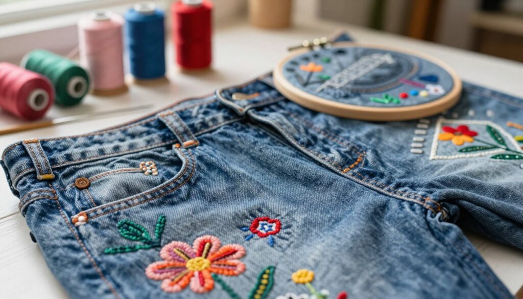 A close-up view of beautifully embroidered denim featuring various creative designs, including floral patterns, geometric shapes, and whimsical illustrations. The foreground showcases a pair of well-worn jeans adorned with vibrant embroidery, with intricate stitching and colorful threads that pop against the denim. In the middle ground, there are sewing tools like needles, colorful threads, and a small embroidery hoop arranged artistically, hinting at the DIY process. The background is softly blurred to emphasize the jeans, with warm, natural lighting creating an inviting atmosphere. The image captures a cozy, creative workspace, evoking inspiration and enthusiasm for personalized denim art.