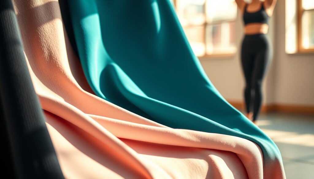 A close-up view of luxurious athleisure fabrics, showcasing high-quality materials like moisture-wicking blends, soft cotton, and stretchy spandex. The foreground features a variety of textured fabric swatches in rich colors such as deep navy, vibrant teal, and soft blush, elegantly draped over a minimalist wooden display. In the middle ground, subtle shadows add depth, highlighting the fabric's sheen and drape. The background offers a blurred gym or yoga studio setting, bathed in warm, natural light that enhances the inviting atmosphere. The scene conveys a sense of comfort and sophistication, ideal for active and fashionable women, capturing the essence of quality and fit in athleisure wear.