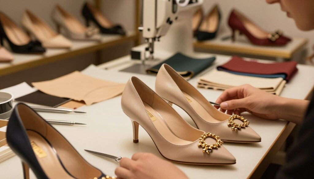 A close-up view of luxury designer shoes being crafted, showcasing intricate details and artistry. In the foreground, a pair of elegant stilettos is partially assembled, featuring fine leather, delicate stitching, and gold embellishments. The middle layer reveals a beautifully organized workspace filled with tools: precision blades, a sewing machine, and swatches of premium fabrics. In the background, soft-focus shelves display finished designer shoes, highlighting the craftsmanship involved. The scene is illuminated by warm, soft lighting that creates a cozy, inviting atmosphere, with gentle shadows enhancing the textures. The image captures the essence of high fashion craftsmanship, emphasizing quality and attention to detail. The angle is slightly overhead, providing a clear view of the workspace while maintaining an intimate feel.