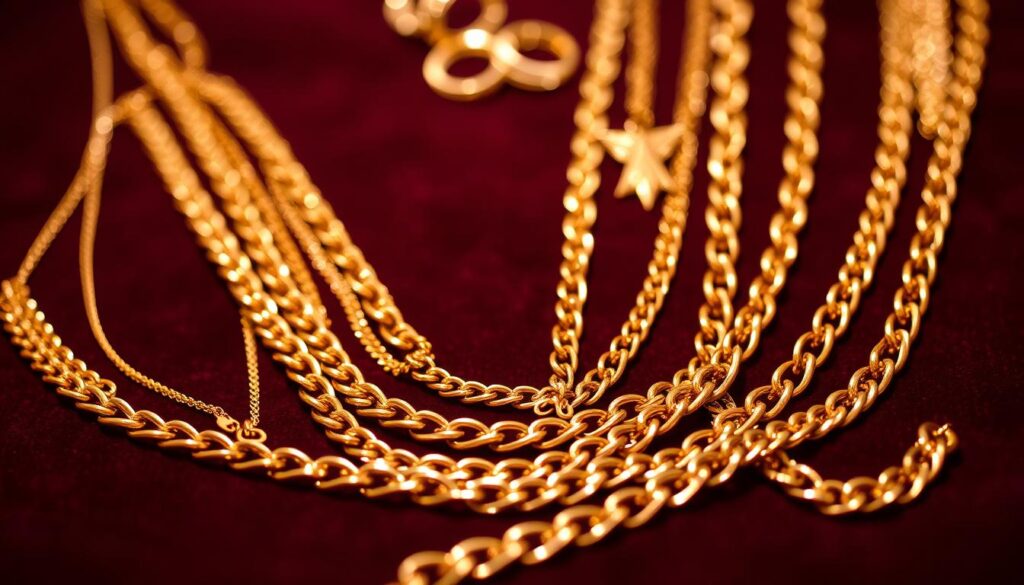 A close-up view of several elegant gold chain necklaces displayed on a luxurious dark velvet background. The necklaces vary in design, showcasing different styles such as chunky links, delicate chains, and layered pieces, reflecting current trends in statement jewelry. The foreground features an intricate arrangement of the necklaces, glinting under warm, soft lighting that highlights their shine and texture. In the middle ground, blurred images of stylish accessories like earrings and rings subtly enhance the hierarchy of the jewelry. The background remains a deep, rich burgundy, creating a sophisticated atmosphere. The overall mood is chic and contemporary, appealing to fashion enthusiasts looking to elevate their style.