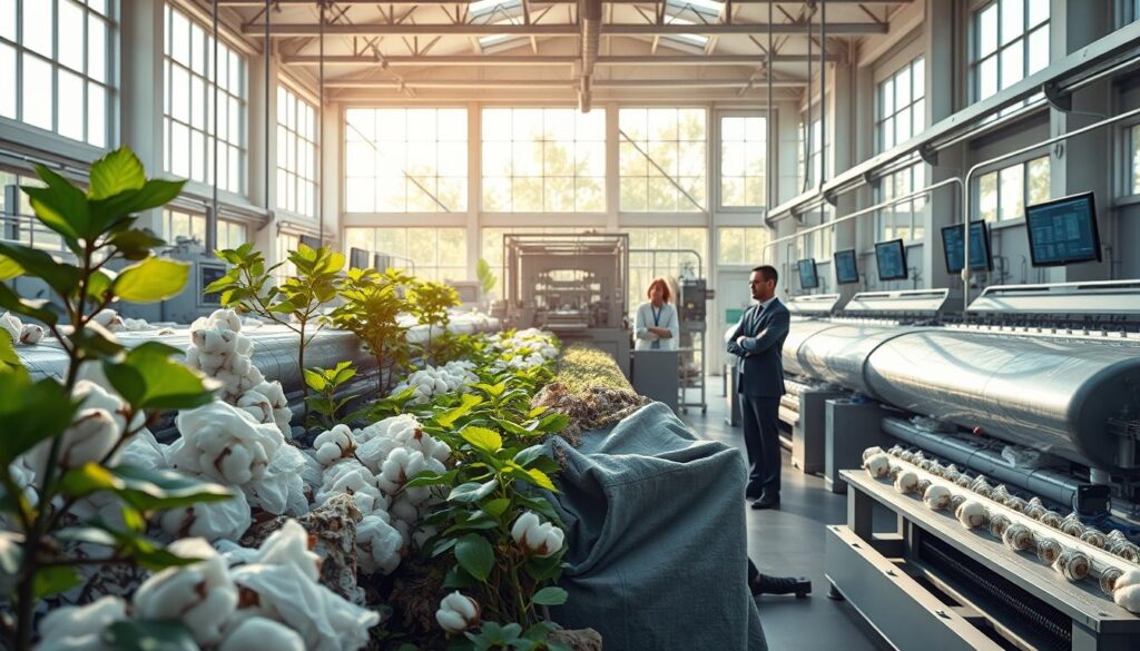 A closed-loop manufacturing system depicted in a modern factory setting, emphasizing sustainability in cotton fabric production. In the foreground, visualize advanced machinery recycling textile waste into new fibers, with vibrant green plants growing alongside. The middle ground should feature workers in professional business attire monitoring the process on digital screens, showcasing eco-friendly technology and practices. In the background, large windows allow sunlight to flood the space, creating an airy atmosphere filled with natural light. Use a wide-angle lens perspective to capture the expansive layout of the factory, highlighting both innovation and environmental consciousness. The mood should be bright and optimistic, symbolizing a future where manufacturing and sustainability coexist harmoniously.