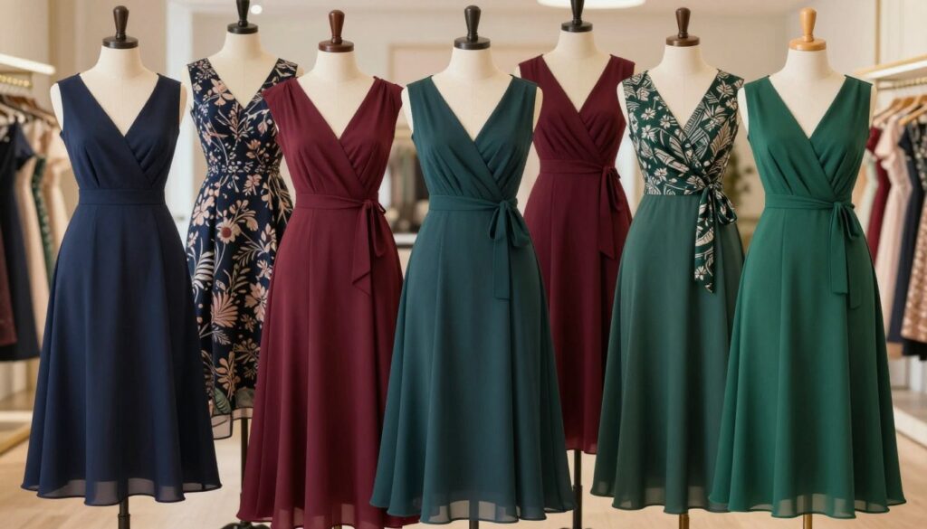 A collection of elegant dress silhouettes and fabrics designed for an apple-shaped body, displayed in a visually appealing arrangement. In the foreground, showcase a variety of dress styles like A-line, wrap, and empire waist, emphasizing flattering cuts. Use rich, textured fabrics such as flowy chiffon, soft jersey, and structured cotton in colors like navy, burgundy, and emerald green. In the middle ground, include subtle patterns like floral and geometric designs that add interest without overwhelming the eye. The background should feature a soft-focus boutique setting with warm, natural lighting that creates an inviting atmosphere. Capture the scene with a slight depth of field effect to highlight the dresses while maintaining a sense of elegance and sophistication.