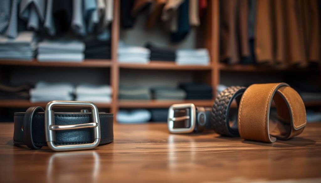 A collection of essential leather belts for men, displayed prominently in the foreground on a polished wooden surface. The belts vary in styles and colors—a classic black belt with a silver buckle, a rich brown braided belt, and a casual tan suede belt. In the middle ground, soft lighting highlights the textures of the leather, creating a warm and inviting atmosphere. A blurred background features a minimalist wardrobe with neatly arranged shirts and pants, suggesting a stylish man's closet. The scene is captured from a slightly elevated angle, with a depth of field focusing on the belts, emphasizing their quality and craftsmanship. The mood is sophisticated yet approachable, reflecting modern men's fashion.