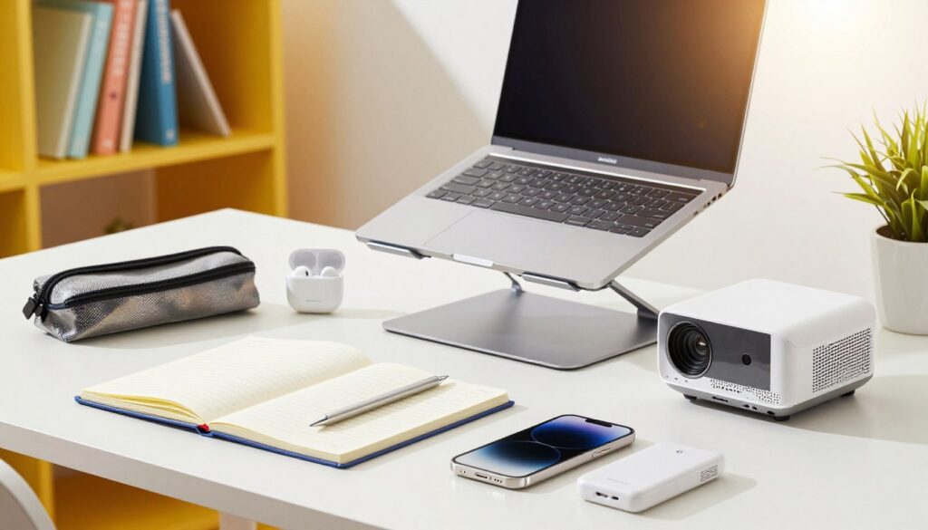 A collection of innovative mini gadgets for school and college, arranged on a clean, modern workspace. In the foreground, a smart notebook with digital pen, a portable phone charger, and a mini projector for presentations. In the middle, an ergonomic laptop stand and wireless earbuds, accentuated by a stylish pencil case. The background includes a vibrant shelf showcasing academic books and a calming plant to add a touch of greenery. The lighting is bright and inviting, simulating natural daylight, with a slight lens flare to evoke a sense of creativity and inspiration. The atmosphere is energetic and focused, appealing to the tech-savvy student lifestyle, emphasizing functionality and style.