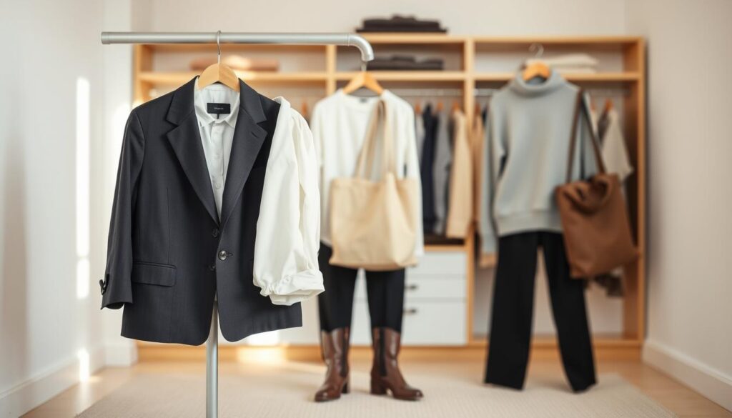 A collection of long-lasting, versatile wardrobe pieces displayed elegantly in a well-lit, minimalist setting. In the foreground, feature a neatly arranged array of classic items: a tailored navy blazer, a crisp white button-up shirt, chic black trousers, and a soft gray turtleneck. In the middle, include a pair of timeless leather ankle boots and a durable canvas tote bag, showcasing their practicality. In the background, a softly blurred aesthetic of a trendy closet with neutral tones and natural wood accents creates a serene, inviting atmosphere. Use soft, diffused natural lighting that highlights the textures and fabrics of the garments, capturing a warm and sophisticated mood. The scene symbolizes sustainable fashion choices for a modern wardrobe.